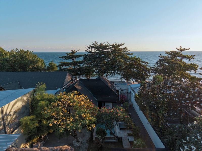Garden, pool and rooftops with the sea beyond, from above